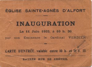 Inauguration Ste Agnès, 11 JUIN 1933, Invitation